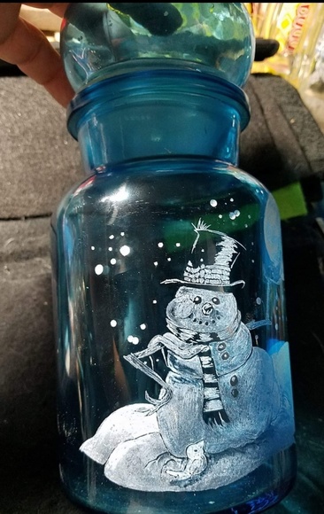 HAND MADE etched SNOWMAN BLUE GLASS JAR